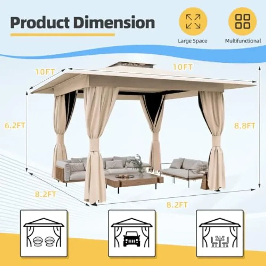 Outdoor Gazebo for Patio Heavy Duty Party Tent with Double Roofs Outdoor  with Curtains and Nettings for Deck Lawn and Backyard