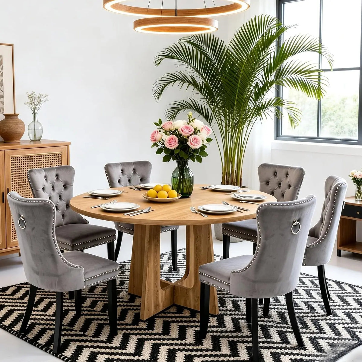 7-Piece Round Dining Table Set for 6, 47" Black Farmhouse Kitchen Table with 6 Gray Velvet Tufted Chairs, Modern Circle, Custom