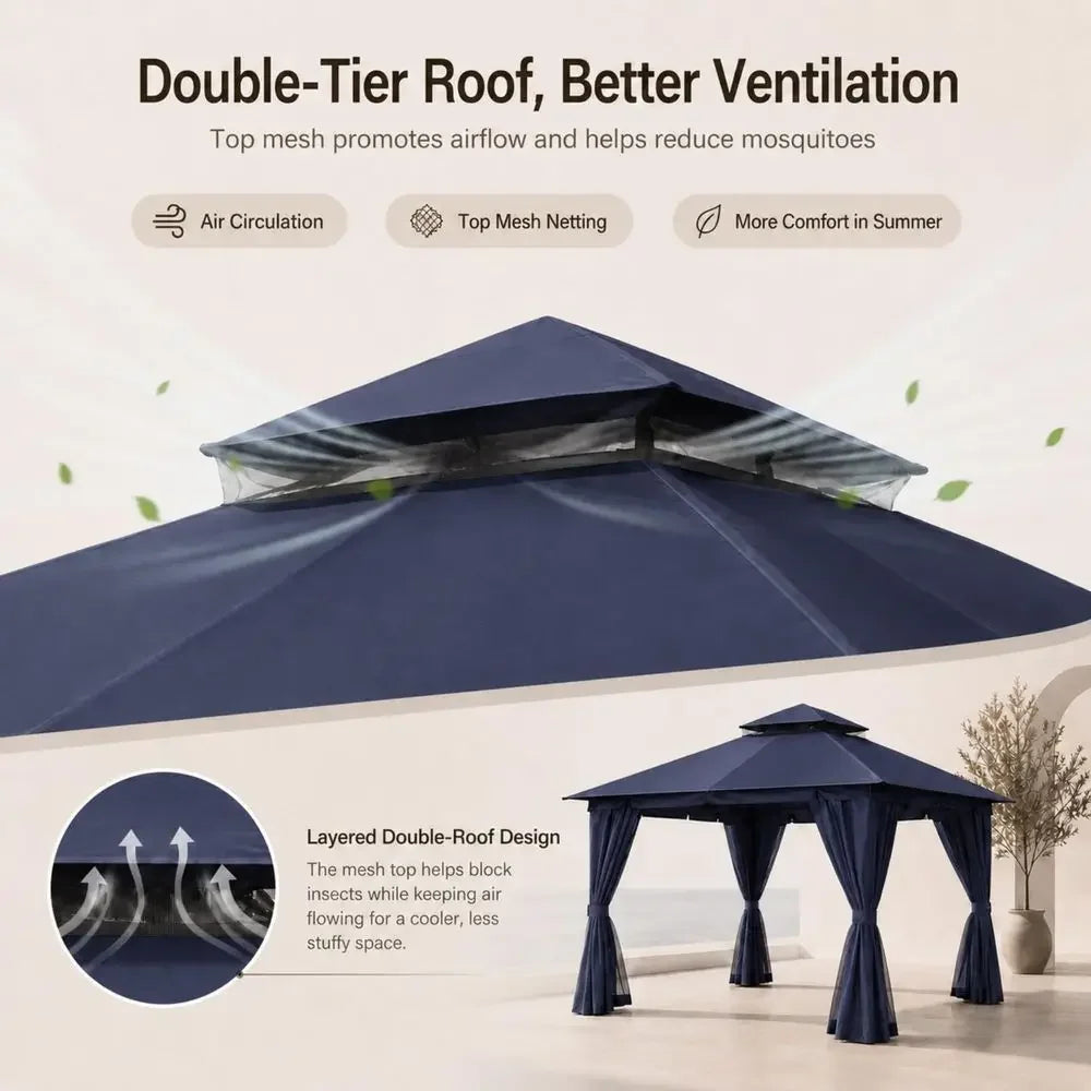 10x13 Outdoor Gazebo, Heavy Duty Metal Patio Canopy Tent Shelter with Double Roof, Mosquito Netting amp Privacy Curtains for Ba