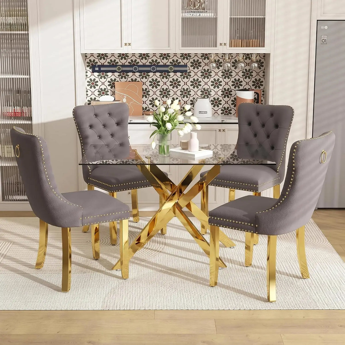 51" Glass Dining Table Set for 4, Grey | Tempered Glass Top, Silver Metal Legs, Velvet Chairs, Modern Dining Room Set, Custom