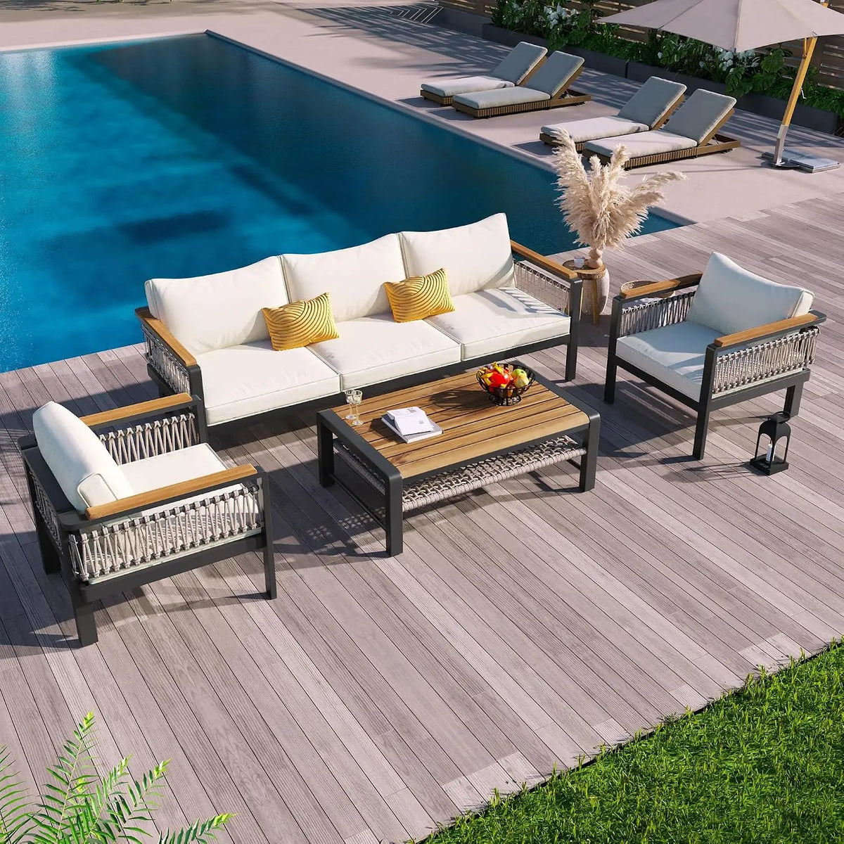 4-Piece Patio Set, All Weather Sectional w/ 2 Chairs, Loveseat & Table, Acacia Wood Outdoor Furniture with Cushions, Customized
