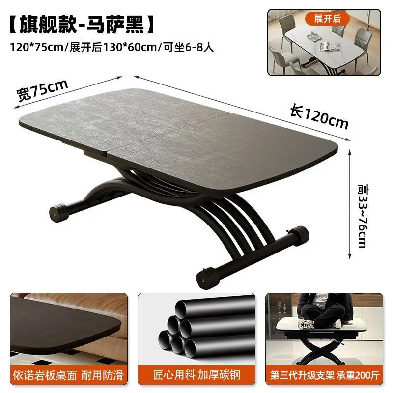 Black light luxury rock slab lifting coffee table dining  dual-purpose retractable mobile dining