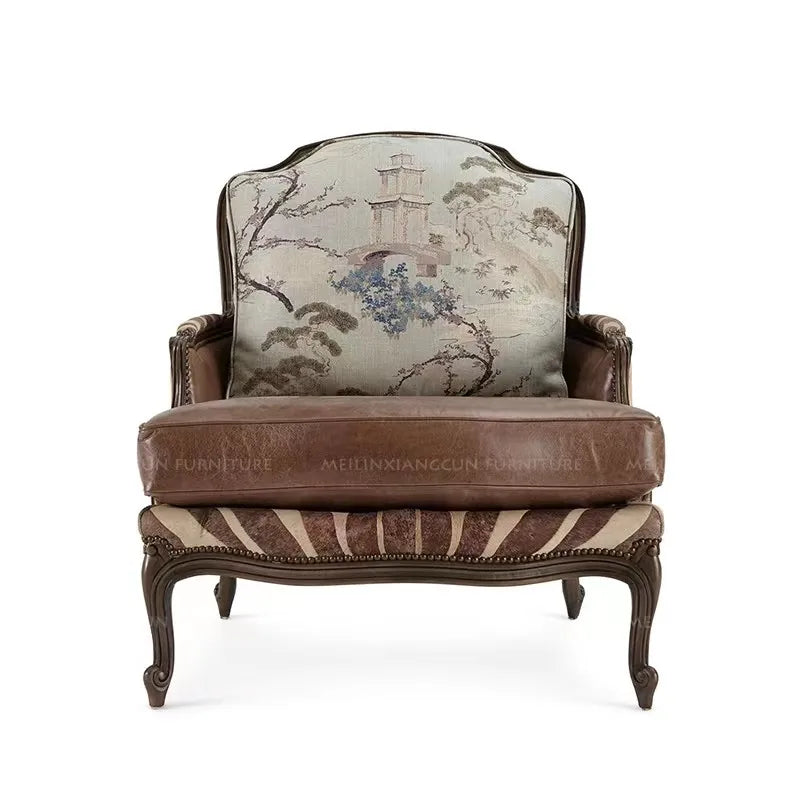 #American single sofa chair, solid wood top layer cowhide microfiber lounge chair, vintage carved negotiation chair, large apart