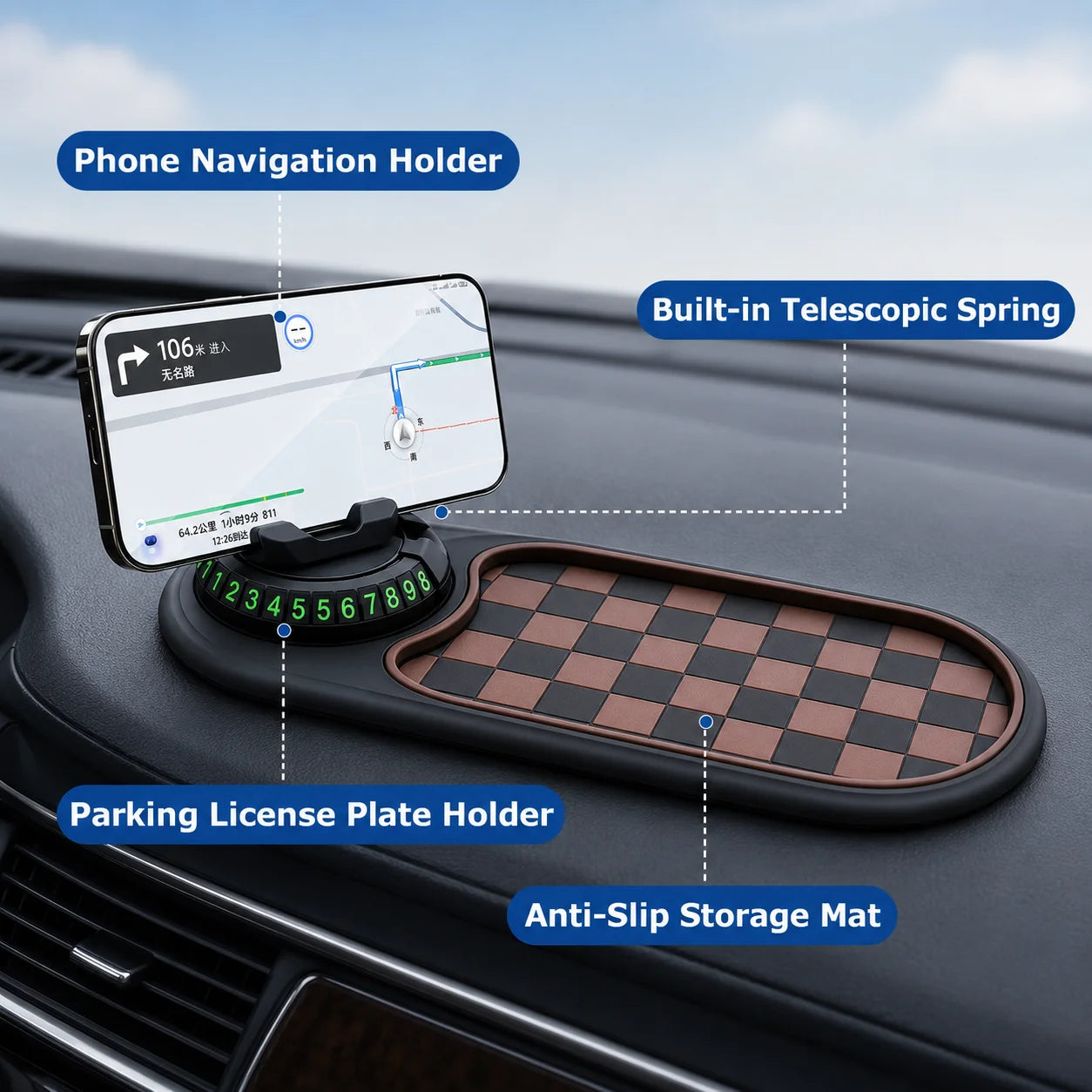 Car Anti-Slip Mat Phone Holder 360-Degree Rotation Dashboard Non-Slip Adhesive Pad Organizer for Keys Pens Sunglasses Interior