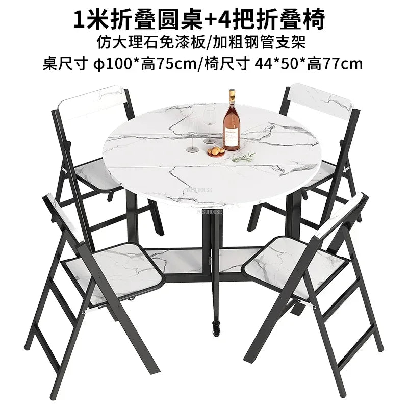 Home Folding Dining Table Set with Chairs Mobile Round Furniture Modern Kitchen Living Room Light Luxury Simple Portable