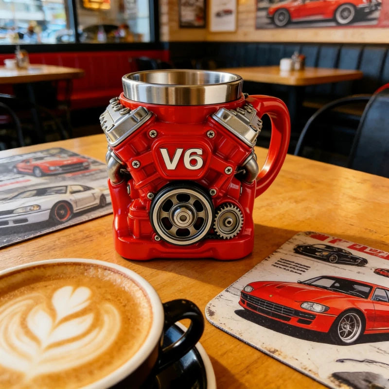 V8/V6 Engine Shape Coffee Mug Creative Stainless Steel Liner Car Enthusiast Gift Red Mechanical Style Cup