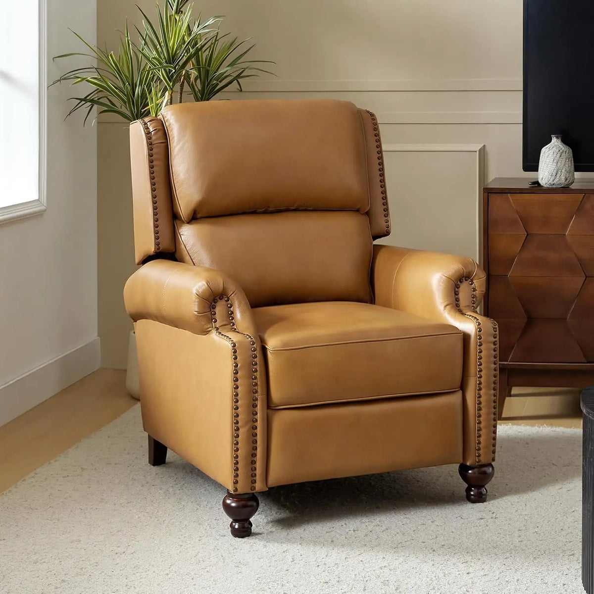 #Genuine Leather Wingback Recliner Thick Cushioned Seat Push Back Nailhead Trim Living Room Chair, Customized