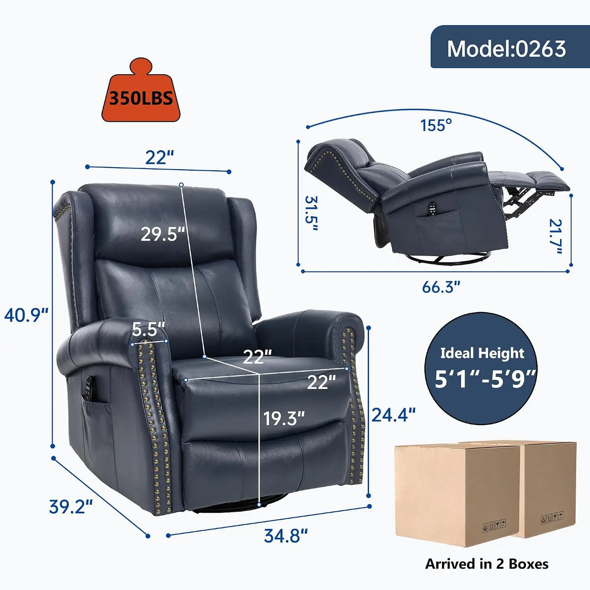 Genuine Leather Manual Recliner Chair with Swivel Rocker Massage Heat Nursery Small Space Blue, Customized
