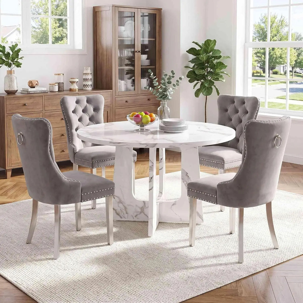 47.2" Round Dining Table Set for 4, Mid-Century Modern Kitchen Table with 4 Upholstered Velvet Chairs, Farmhouse, Customized