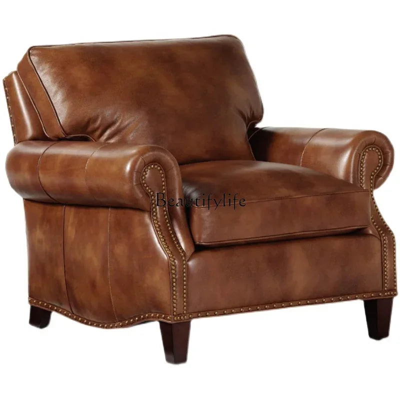 1*American Country Full Leather Solid Wood Sofa Villa Living Room Vintage Oil Wax First Layer Cowhide