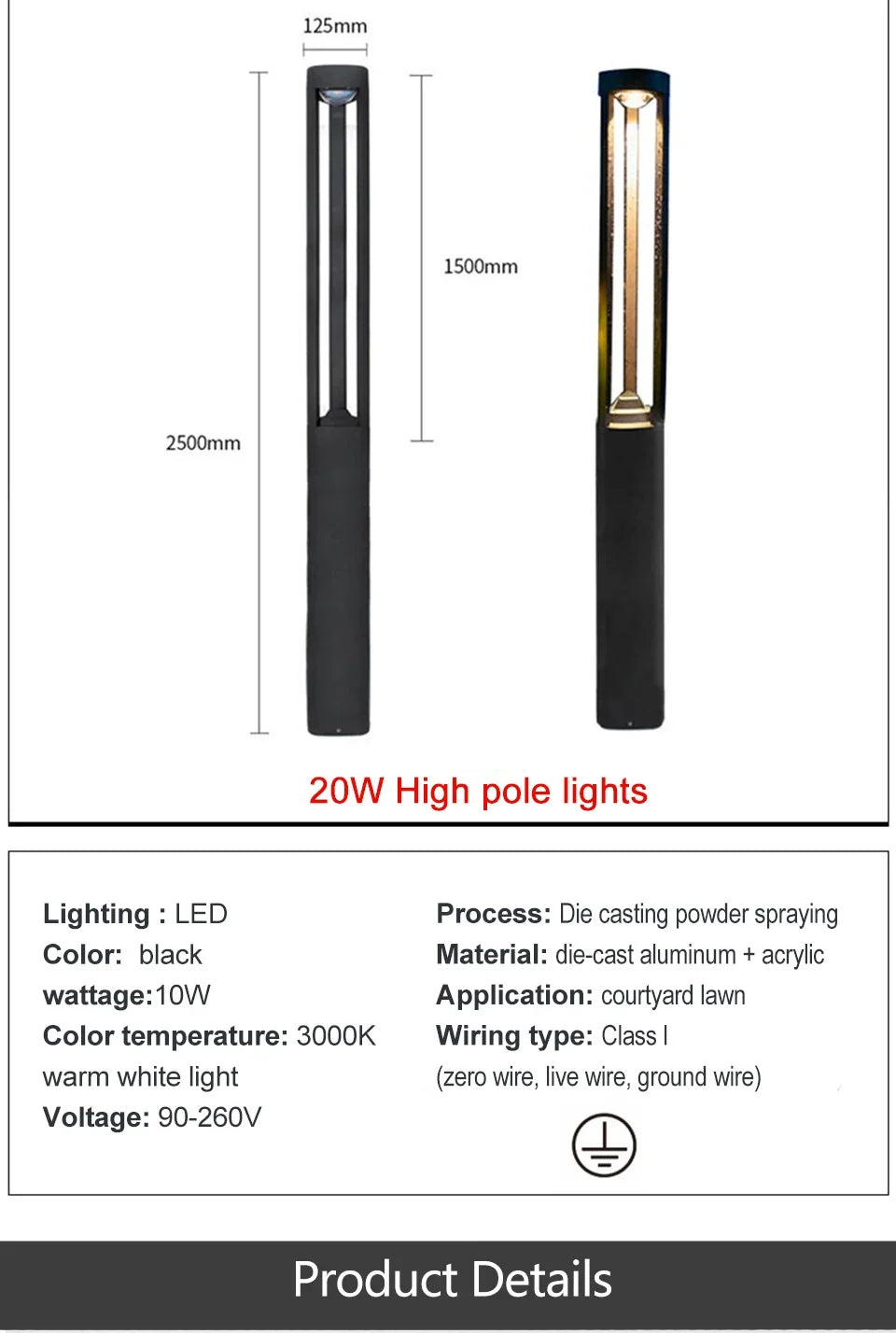 LED Bollard Landscape Light Outdoor Black Garden Pathway Lighting Fixtures Floor Lawn Lamp for Pillar Driveway Patio Yard Decora