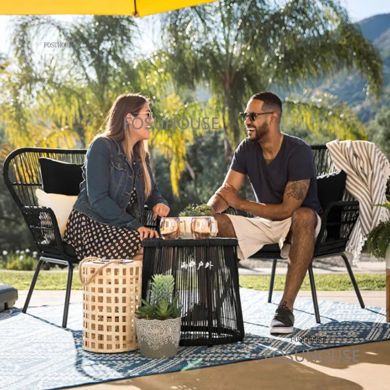 Terrace Rattan Chairs Tea Table Three Piece Set Modern Outdoor Furniture For Balcony Courtyard Garden Leisure outdoor Armchair