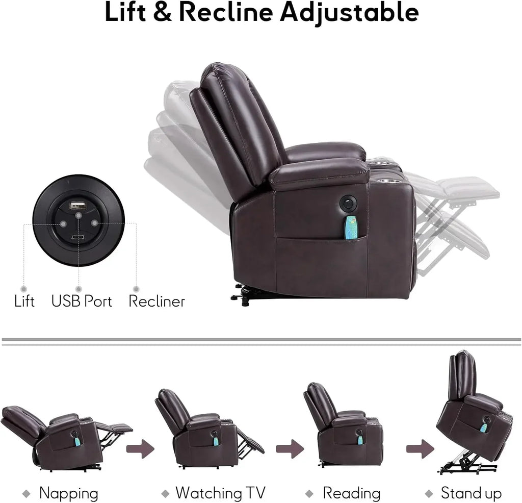 Power Lift Chair with Heat and Massage, Faux Leather Lift Recliner Chair for Adults Elderly, Upholstered Recliner with 2 Cup Hol