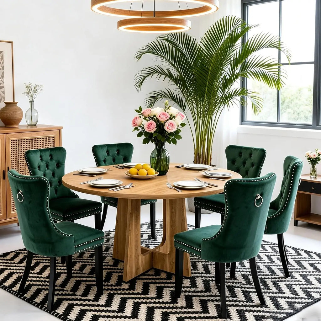 7-Piece Round Dining Table Set for 6, 47" Black Farmhouse Kitchen Table with 6 Gray Velvet Tufted Chairs, Modern Circle, Custom