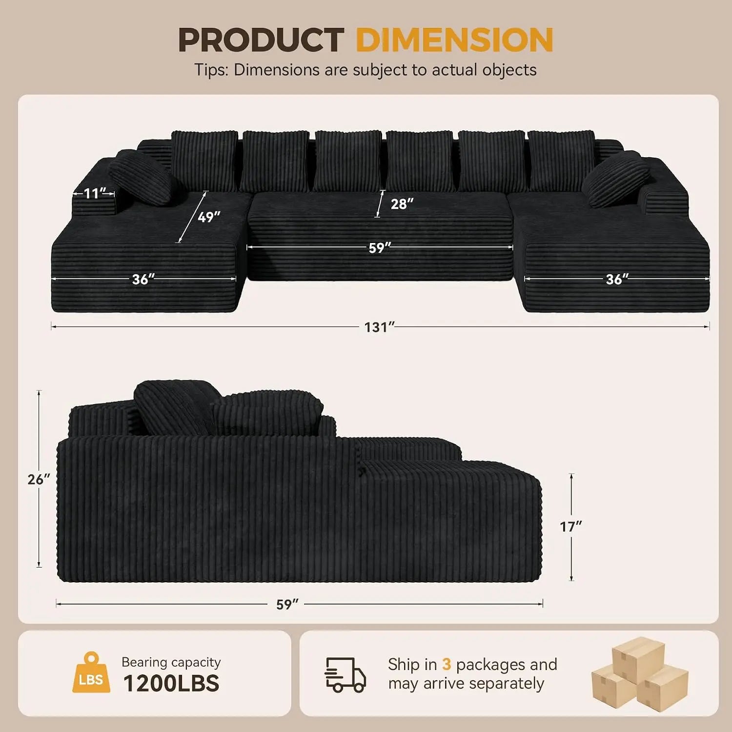 Modular Sectional Sofa Couches L-Shape Couch 3 Seat Modular Sofa Memory Foam Sectional Couches for Living Room,, Customized