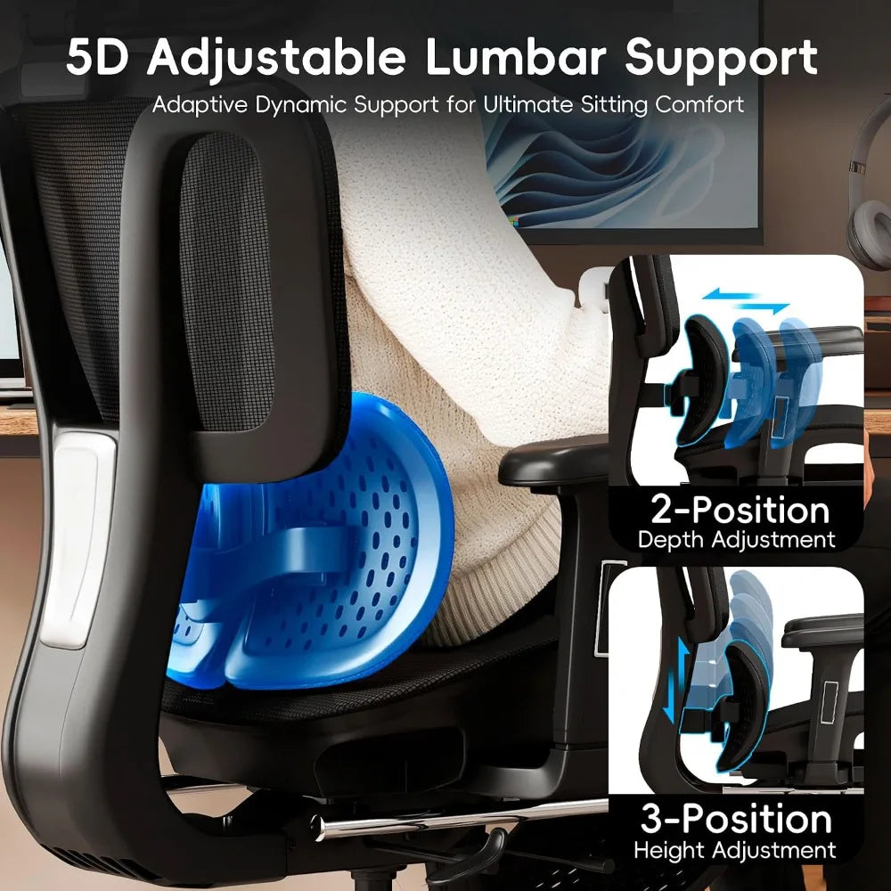 Ergonomic Office Chair with Footrest, Desk Chair with Lumbar Support, Mesh Seat, 3D Headrest, Black