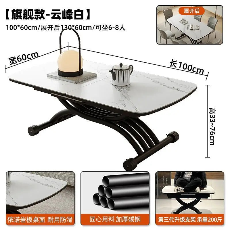 Black light luxury rock slab lifting coffee table dining  dual-purpose retractable mobile dining