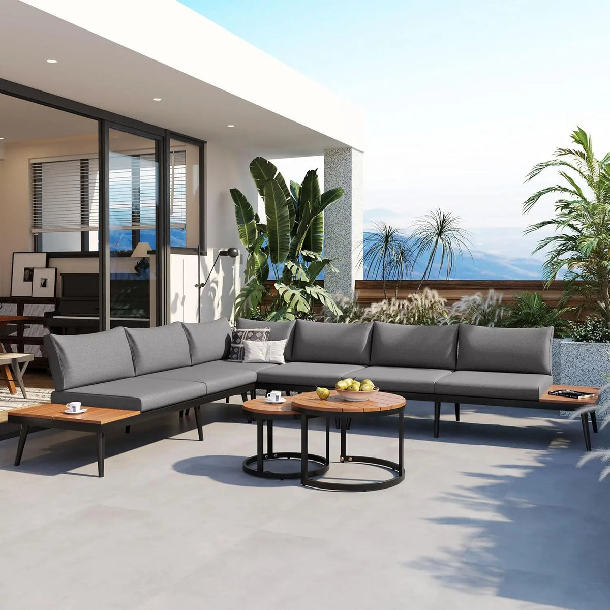 7 Piece Outdoor Patio Furniture Sofa Sets,All Weather Rattan Conversation Sofa Set with Striped Green Pillows/Tempered, Custom