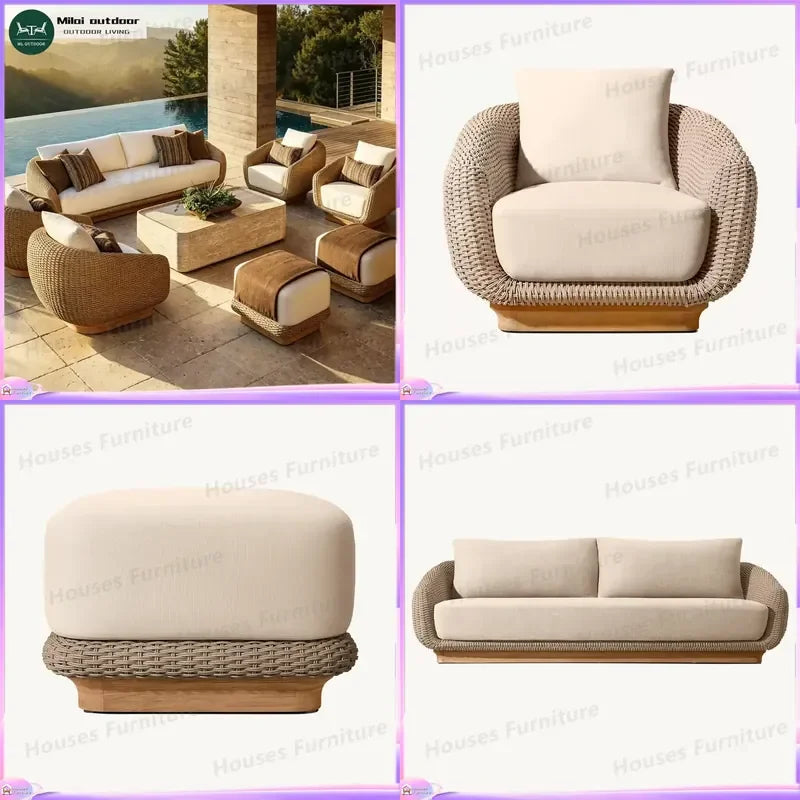 Luxury Rattan Outdoor Sofa Set Waterproof Garden Furniture Modern Villa Patio Couch Wicker Sectional Seating for Courtyard
