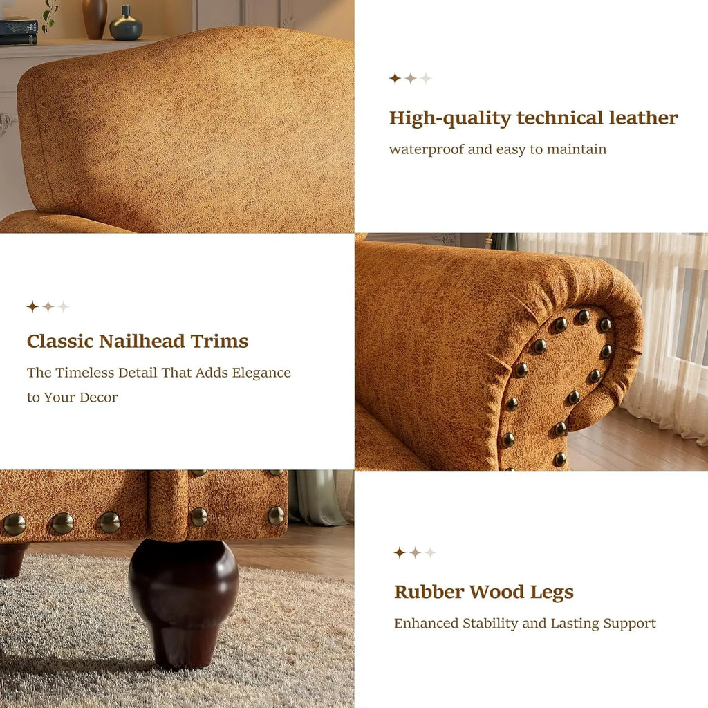Faux Leather Accent Chairs Set of 2 with Rivet Design, Living Room Arm Chair with Rolled Arms and Nailhead, Large, Customized