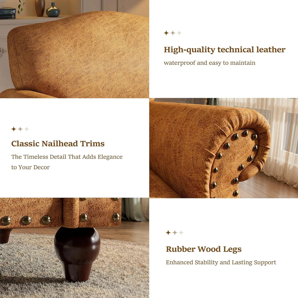 Faux Leather Accent Chairs Set of 2 with Rivet Design, Living Room Arm Chair with Rolled Arms and Nailhead, Large, Customized