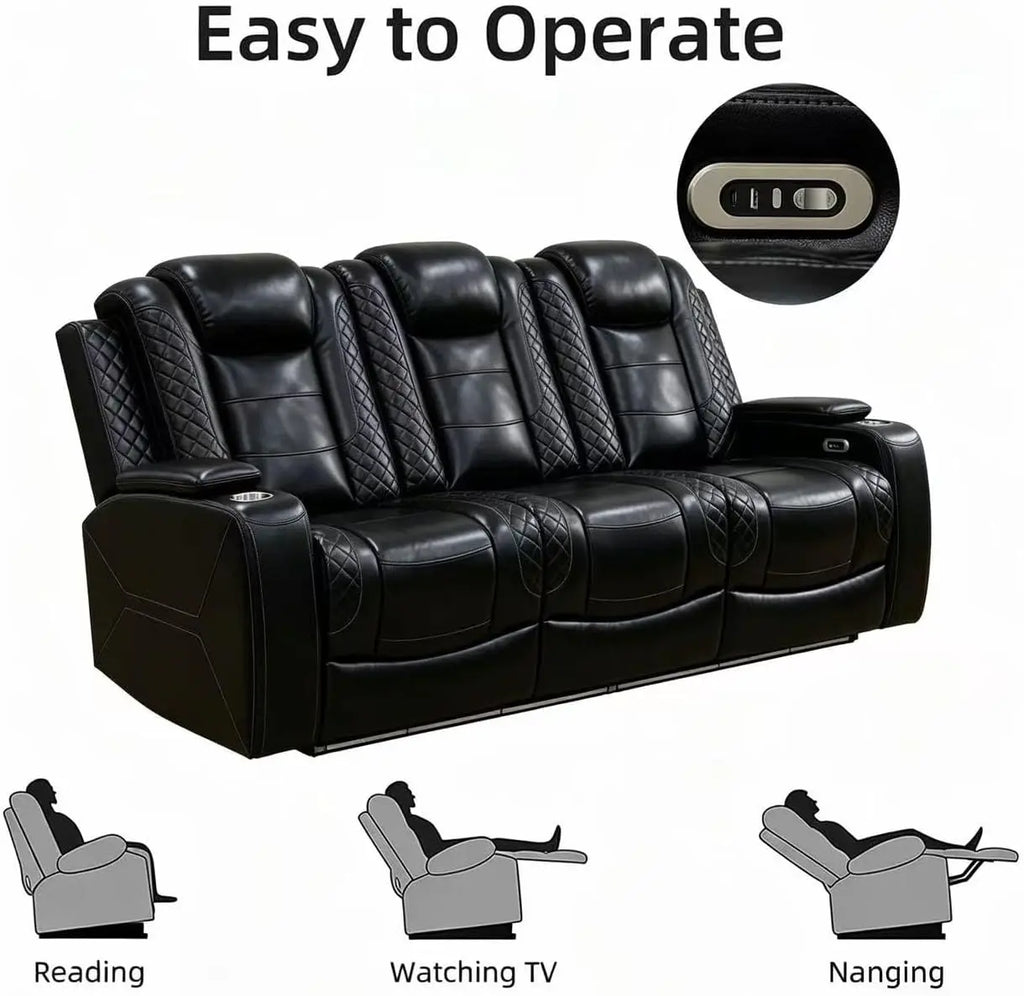 3-Piece Power Recliner Sofa Set, Leather Sectional with Drop-Down Table, Cup Holders, Storage Console, LED Light, Black