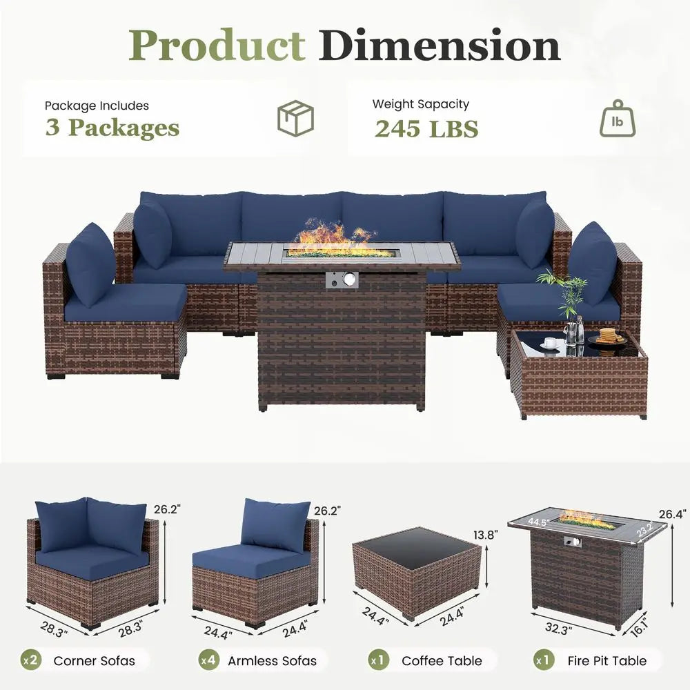 8 Pieces Patio Furniture Set with Fire Pit Table, AllWeather Outdoor Sectional, Wicker Conversation Set for Garden, Backyard, P