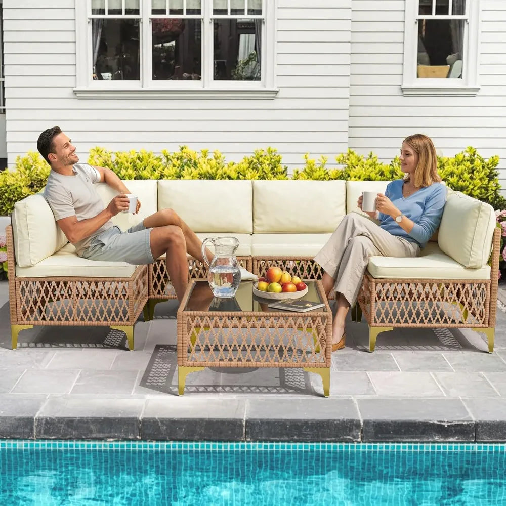 7-Piece Wicker Outdoor Sectional Sofa Patio Set with Washable Cushions & Glass Table, All-Weather for Backyard & Porch, Custom