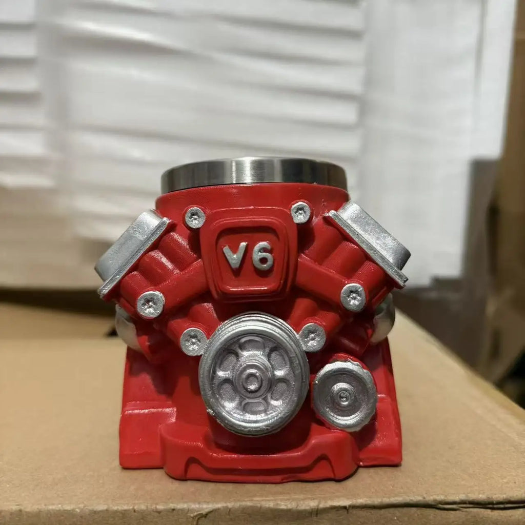 V8/V6 Engine Shape Coffee Mug Creative Stainless Steel Liner Car Enthusiast Gift Red Mechanical Style Cup
