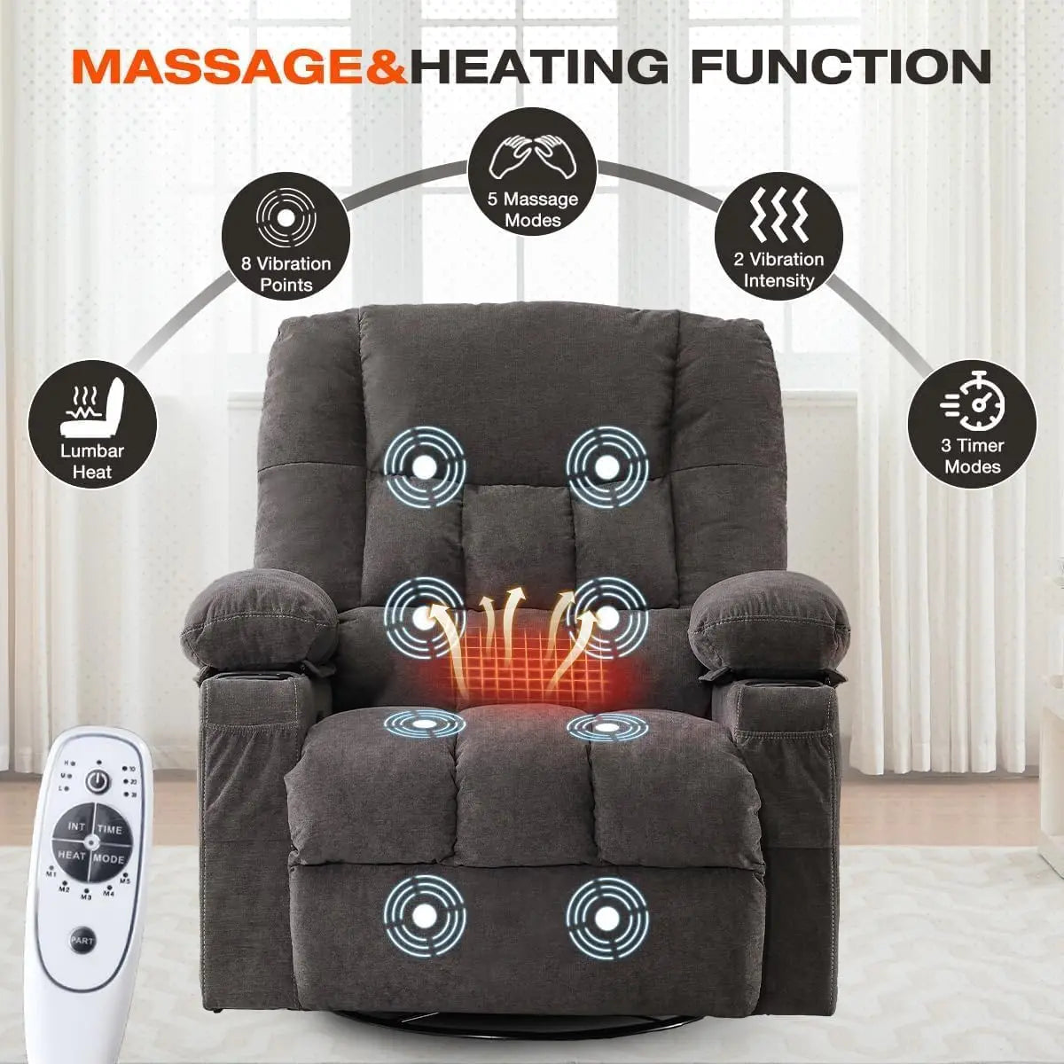 Electric Massage Recliner Chair with Heat and Rocking Function Oversized Recliner with Side Pocket and Dual Cup Holders