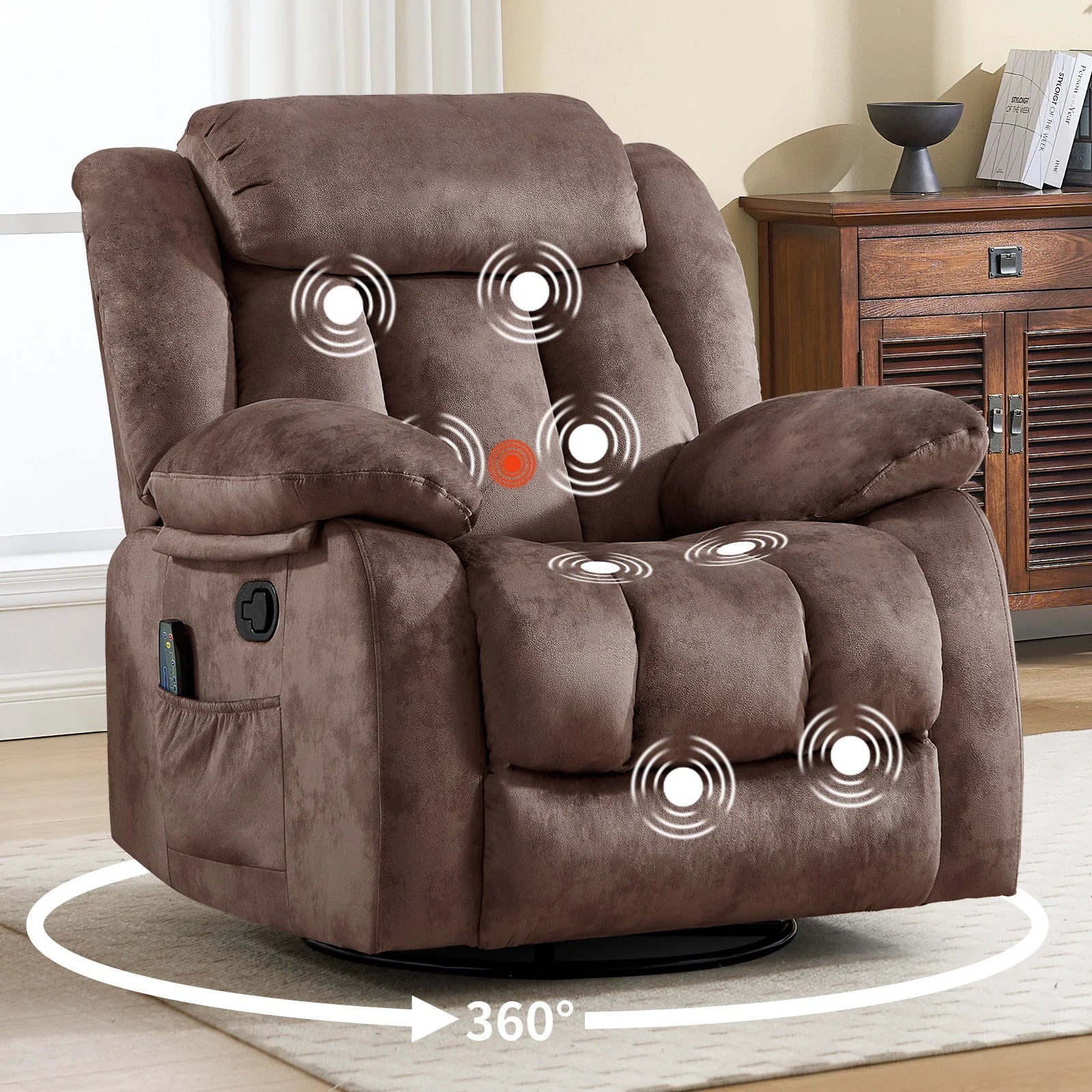 Massage Rocker Recliner with Heat and Vibration, 360 Degree Swivel Manual Antiskid Fabric Single Sofa Heavy Duty Reclining Chair for Living Room