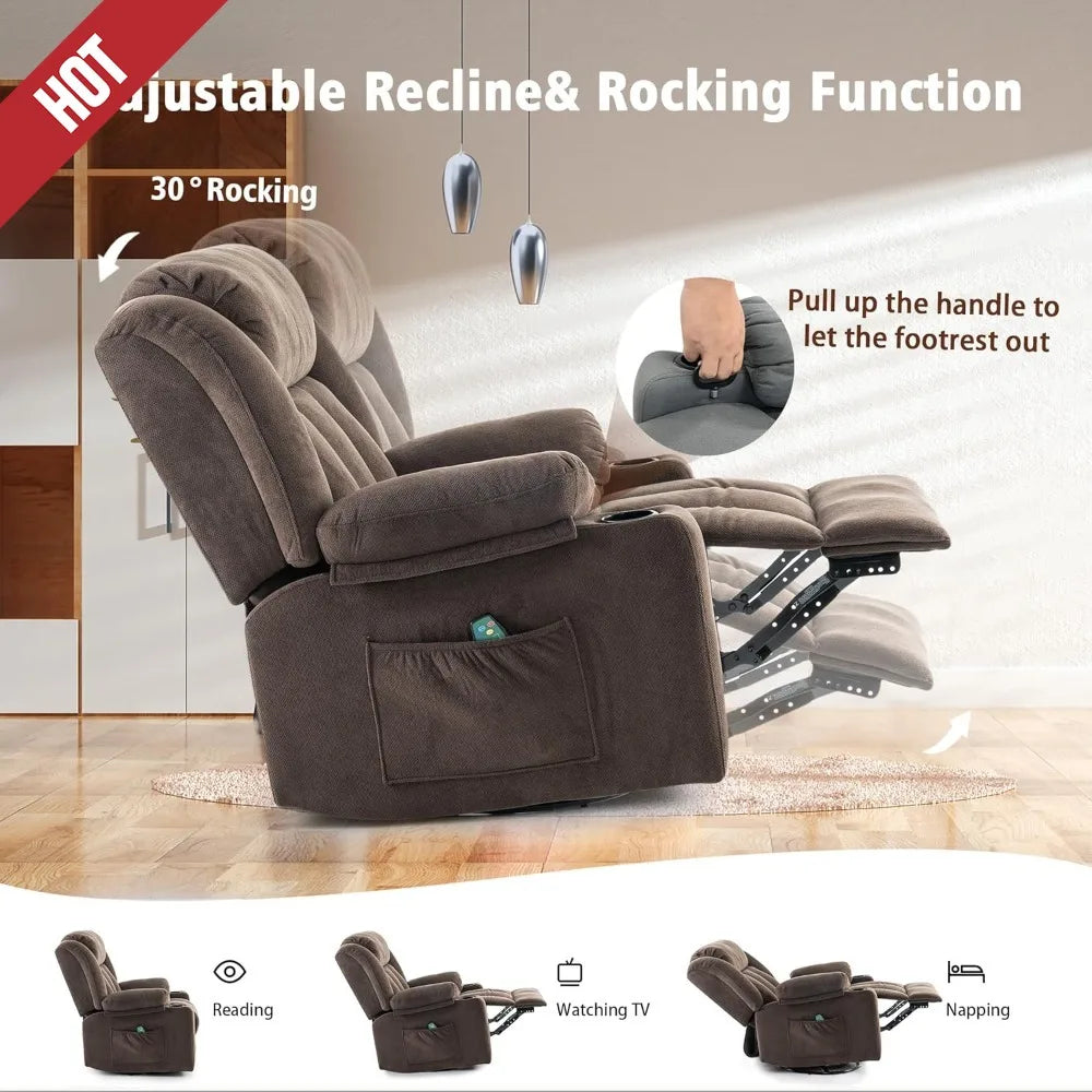 Swivel Recliner Chair with Massage Heat, Rocking Glider, Overstuffed Fabric Living Room Sofa