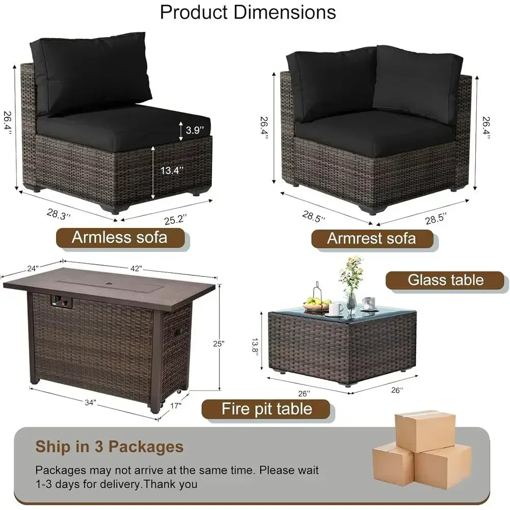 8-Piece Outdoor Patio Sectional Set with 44 Propane Wicker Table, Cushioned for Backyard, Poolside, Garden in Black