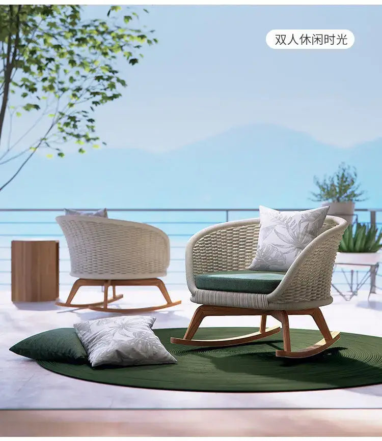 High-grade teak outdoor sofa courtyard rattan chair sofa combination leisure villa garden balcony single rattan rocking chair