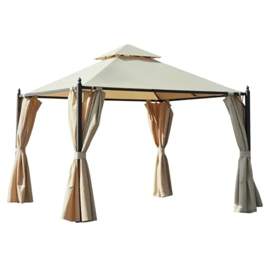 10' x 10' Steel Outdoor Patio Gazebo with Polyester Privacy Curtains Two-Tier Roof for Air Large Design