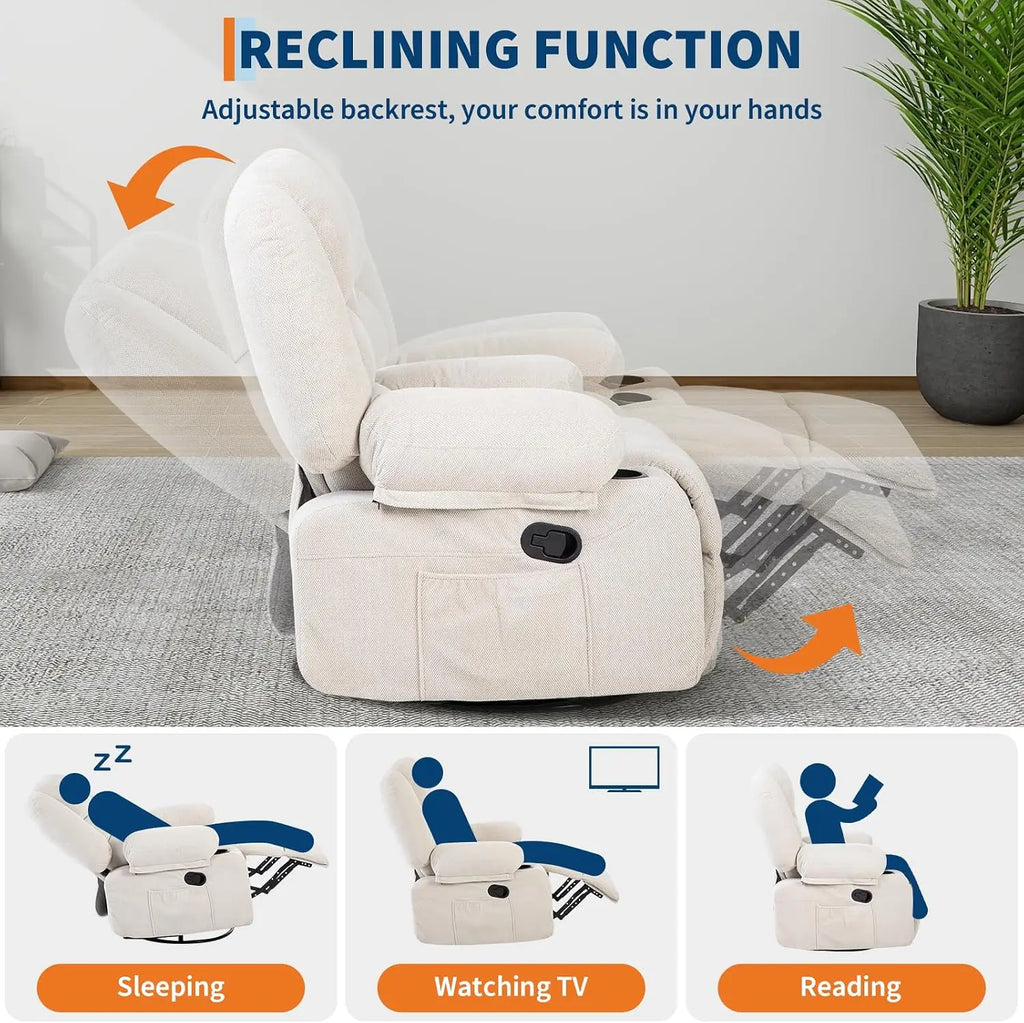 Oversized Recliner Chair, Massage Rocker, 360 Swivel, Heat, USB 350 LB Capacity, 8-Point Vibration, Lumbar Heat, 145° Recline, 2 Cup Holders, USB Port, Side Pocket And Retractable Footrest