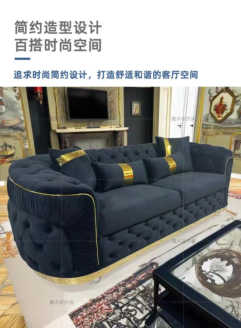 Luxury Chesterfield Sectional Sofa Set with Cloth Buttons and Fabric Modular Couch with Gold Stainless Steel Base, 3-seater Sofa