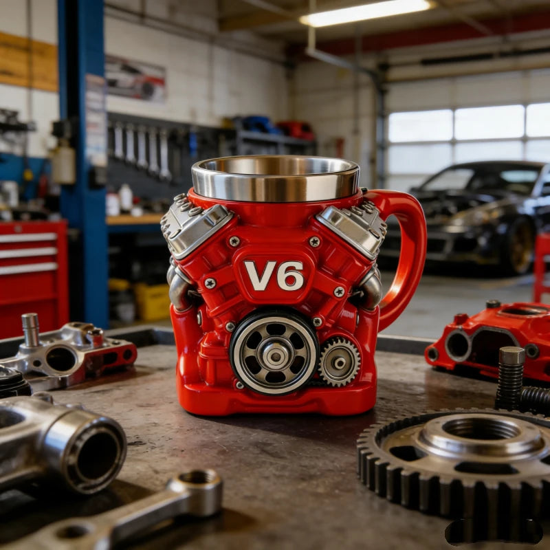 V8/V6 Engine Shape Coffee Mug Creative Stainless Steel Liner Car Enthusiast Gift Red Mechanical Style Cup