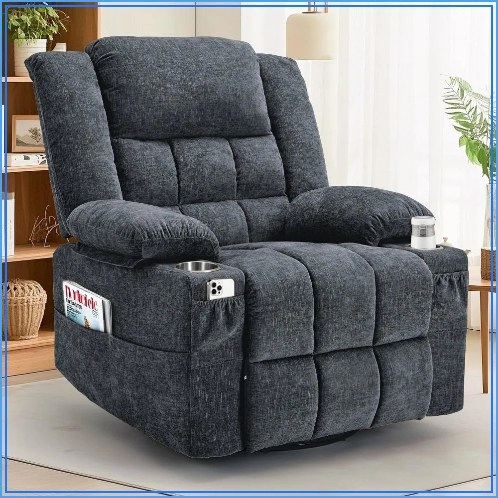360° Swivel Rocker Recliner with Massage & Heating, Cup Holder, Fabric Dark Gray