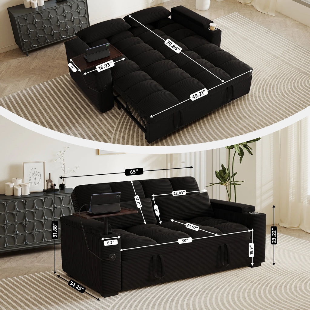 65" 3-in-1 Folding Convertible Sofa Bed with 360° Swivel Side Table, Pull Out Couch USB Charging, Modern Corduroy Chenille, Black