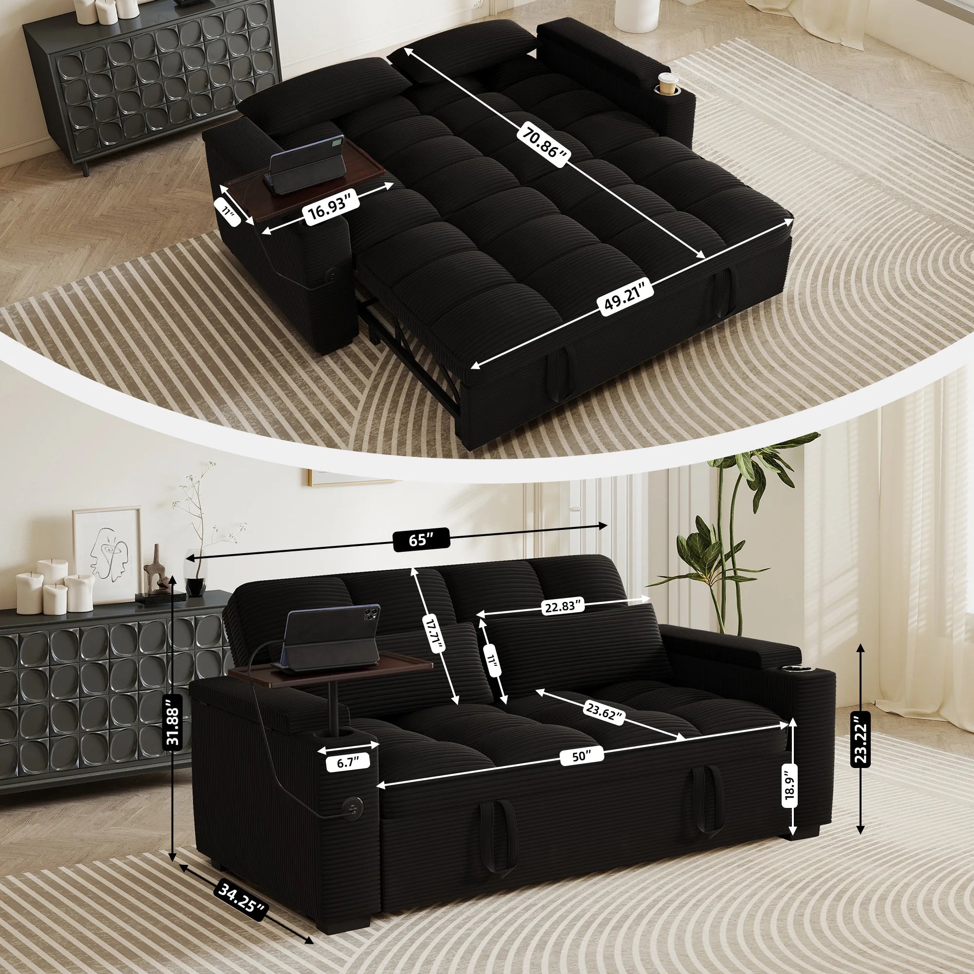 65" 3-in-1 Folding Convertible Sofa Bed with 360° Swivel Side Table, Pull Out Couch USB Charging, Modern Corduroy Chenille, Black
