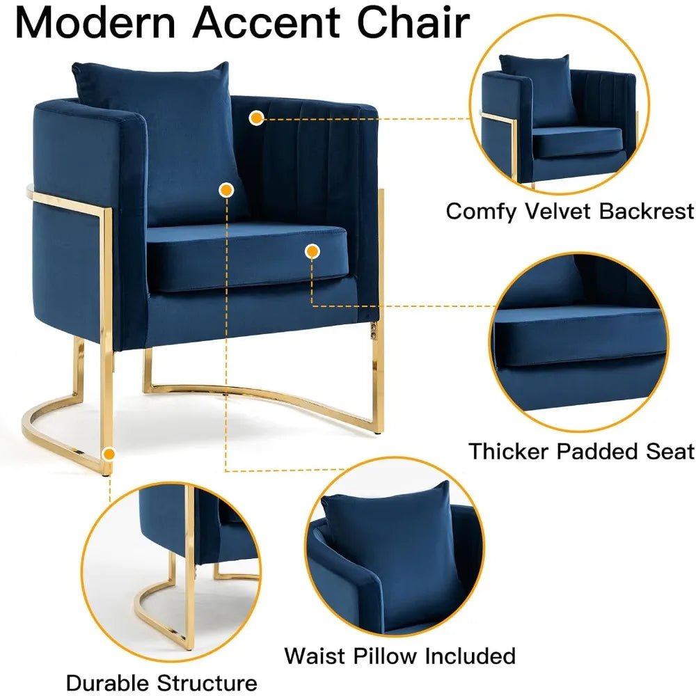 Best Selling Mid Century Modern Blue Velvet Accent Armchair Set of 2 with Pillow and Gold Metal Legs for Living Room Bedroom