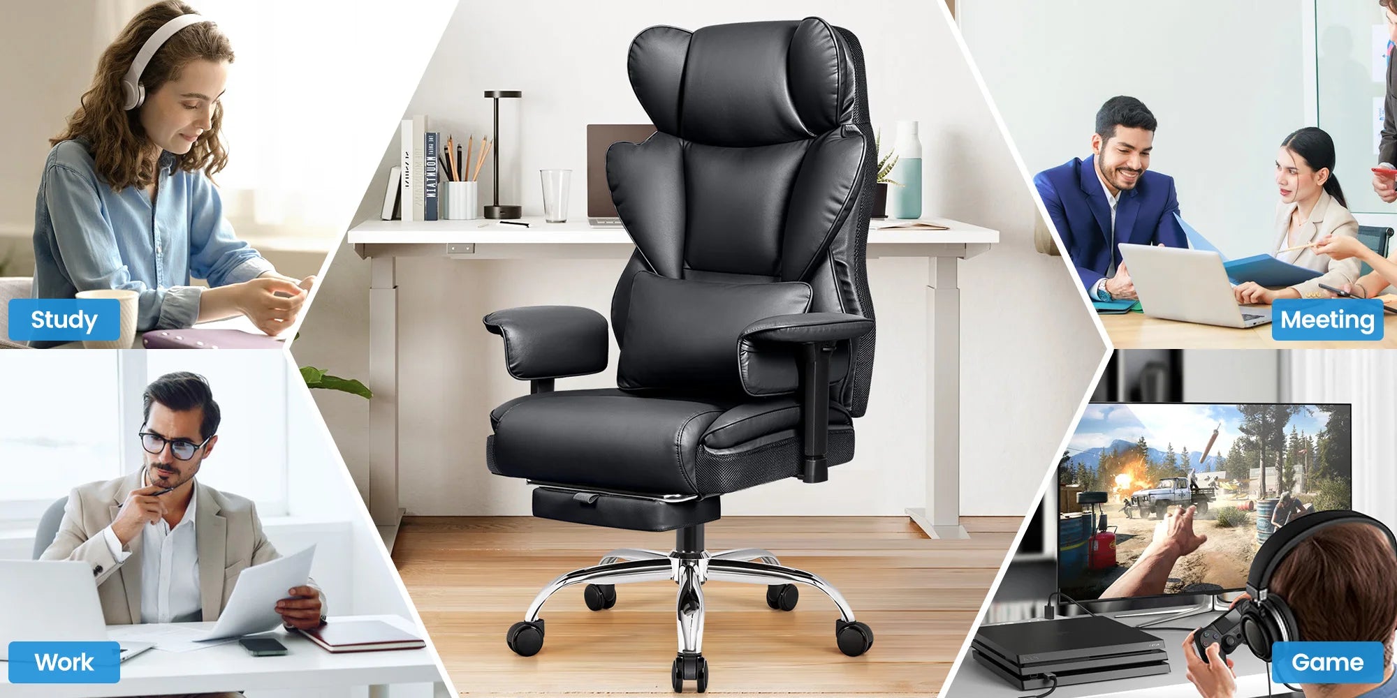KERDOM Big and Tall Gaming Chair 500lbs Wide Seat and Footrest, Ergonomic Chair with Pocket Spring Cushion and Armrest, Metal Base & Quiet Rubber Wheels, Leather Office Chair with Adjustment Headrest and Lumbar Support for Lo