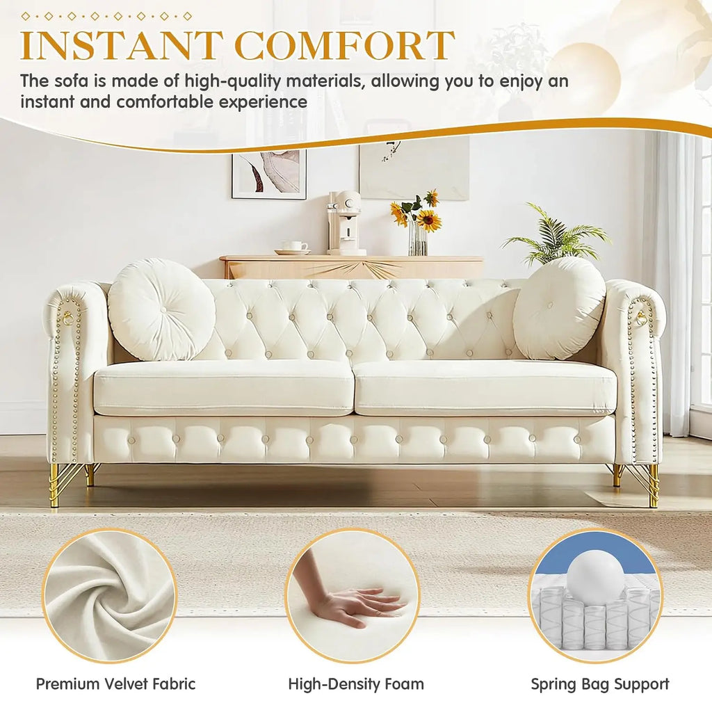 Sofa, Tufted Velvet Nailhead Trim Gold Legs, 3-Seater Deep Seat Living Room Bedroom Office 82" Beige, Customized