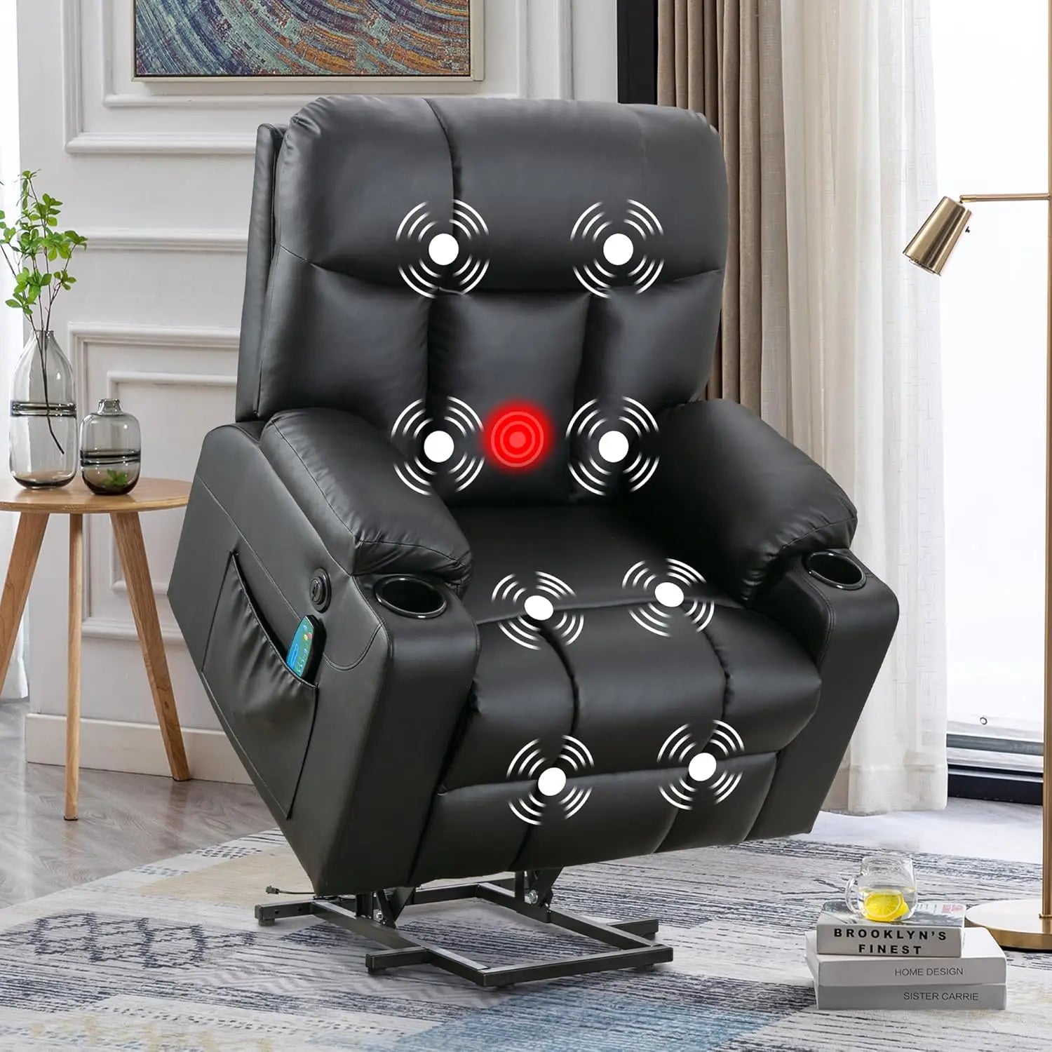 Electric Power Lift Recliner Chair with Massage Heat for Elderly, 3 Positions, USB, Cup Holders, Faux Leather