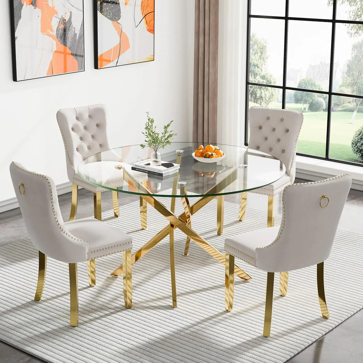 5-Piece Round Glass Dining Table Set for 4, 47.2" Circle Table with 4 Tufted Chairs for Kitchen Home Office, Customized