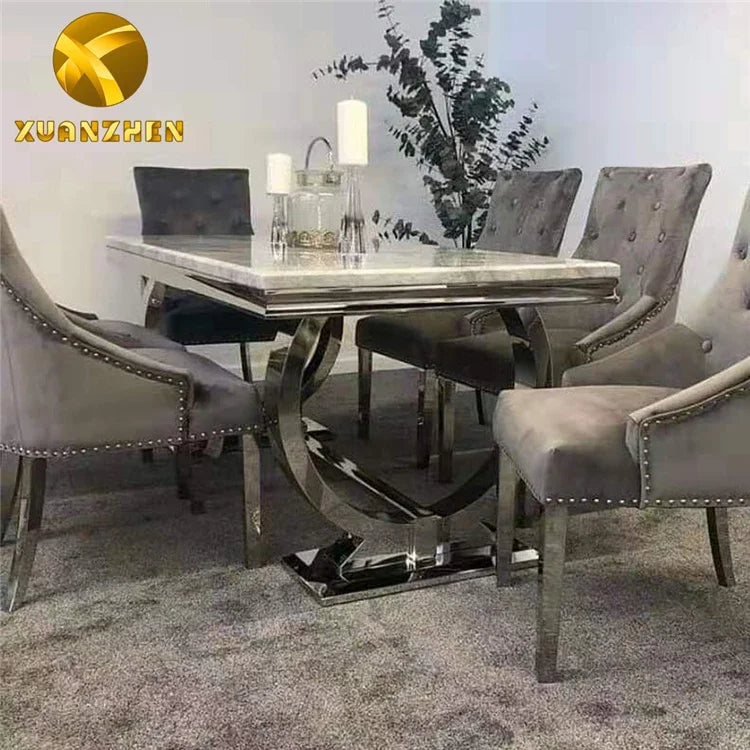 2026 Hot Sale Dining Table and 6 Chairs Set for Modern Home Grey High-End Marble Dining Table Set