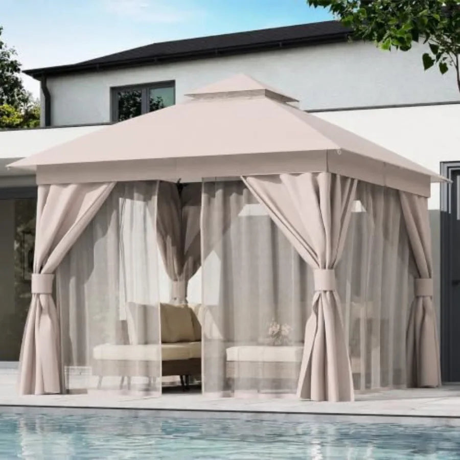 Gazebo 10x10ft, Heavy Duty Patio Gazebo with Expansion Bolts, Party Canopy Tent with Double Roofs, Mosquito Nettings and Privac