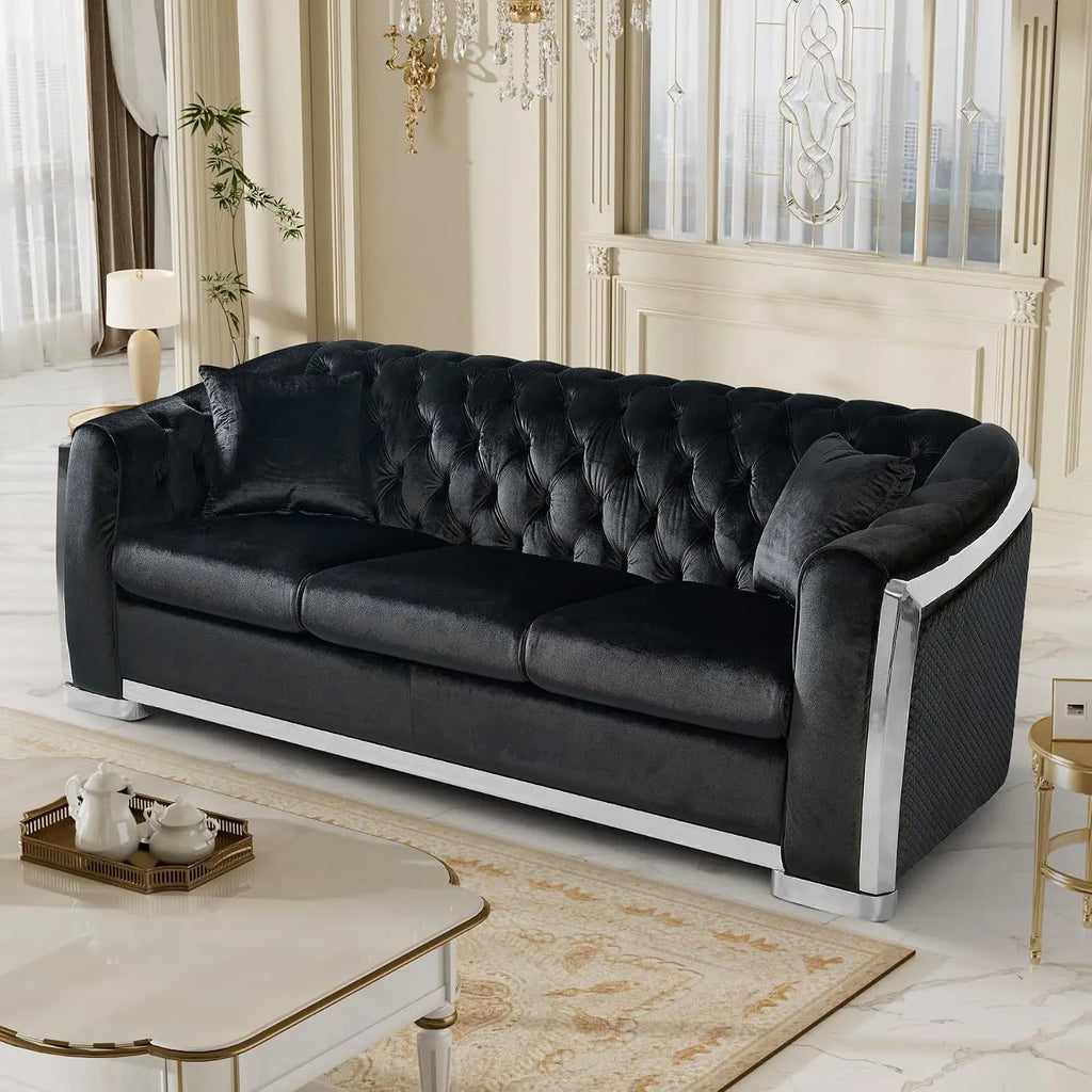 Mid Century Modern Sofa 84" Grey & Gold Tufted Velvet Upholstered Living Room Furniture, Customized