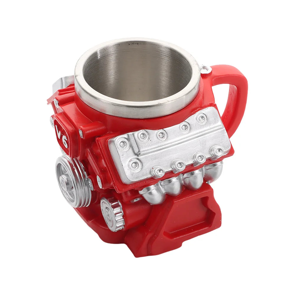Retro Engine Coffee Mug with Handle 300ML 15oz V6 Engines Stainless Steel Cup Realistic Design Double Wall Insulation Car Mug